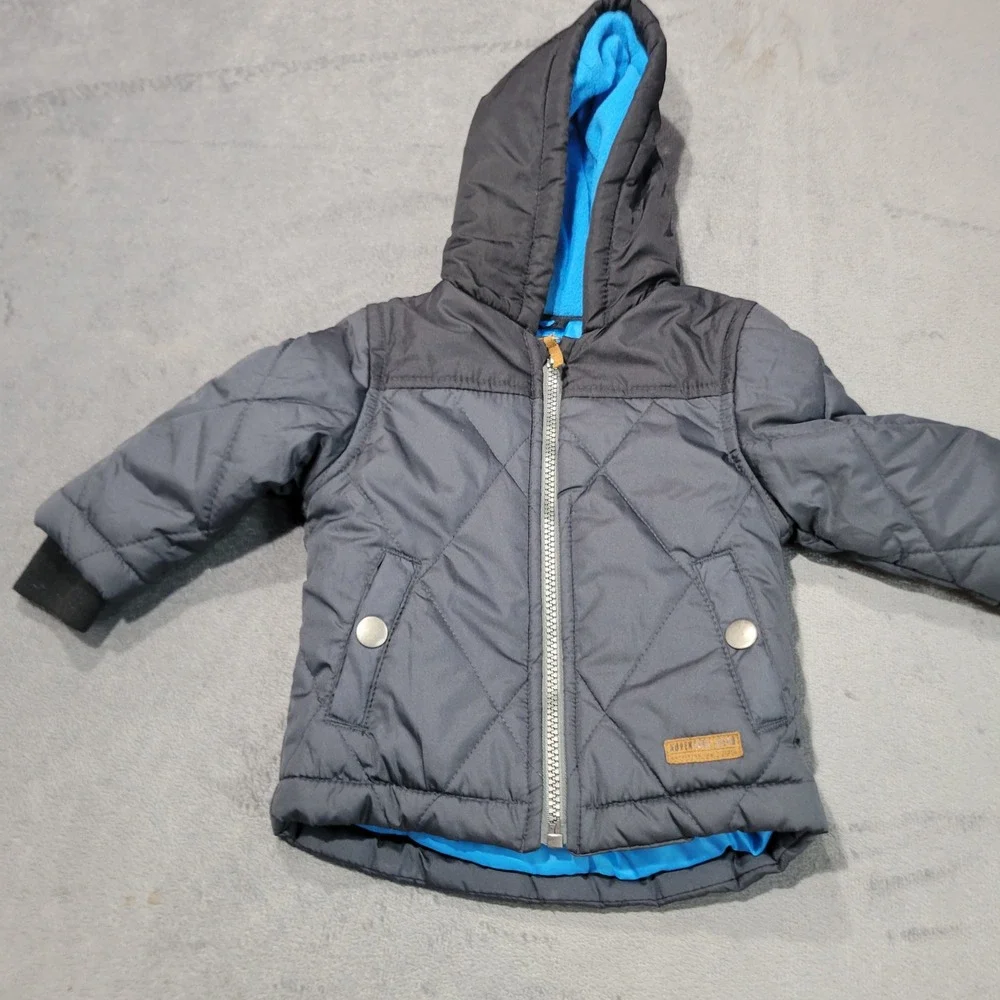 Carters Puffer Jacket Baby Boys 12M Gray Blue Hooded Quilted Adventure Gear Coat